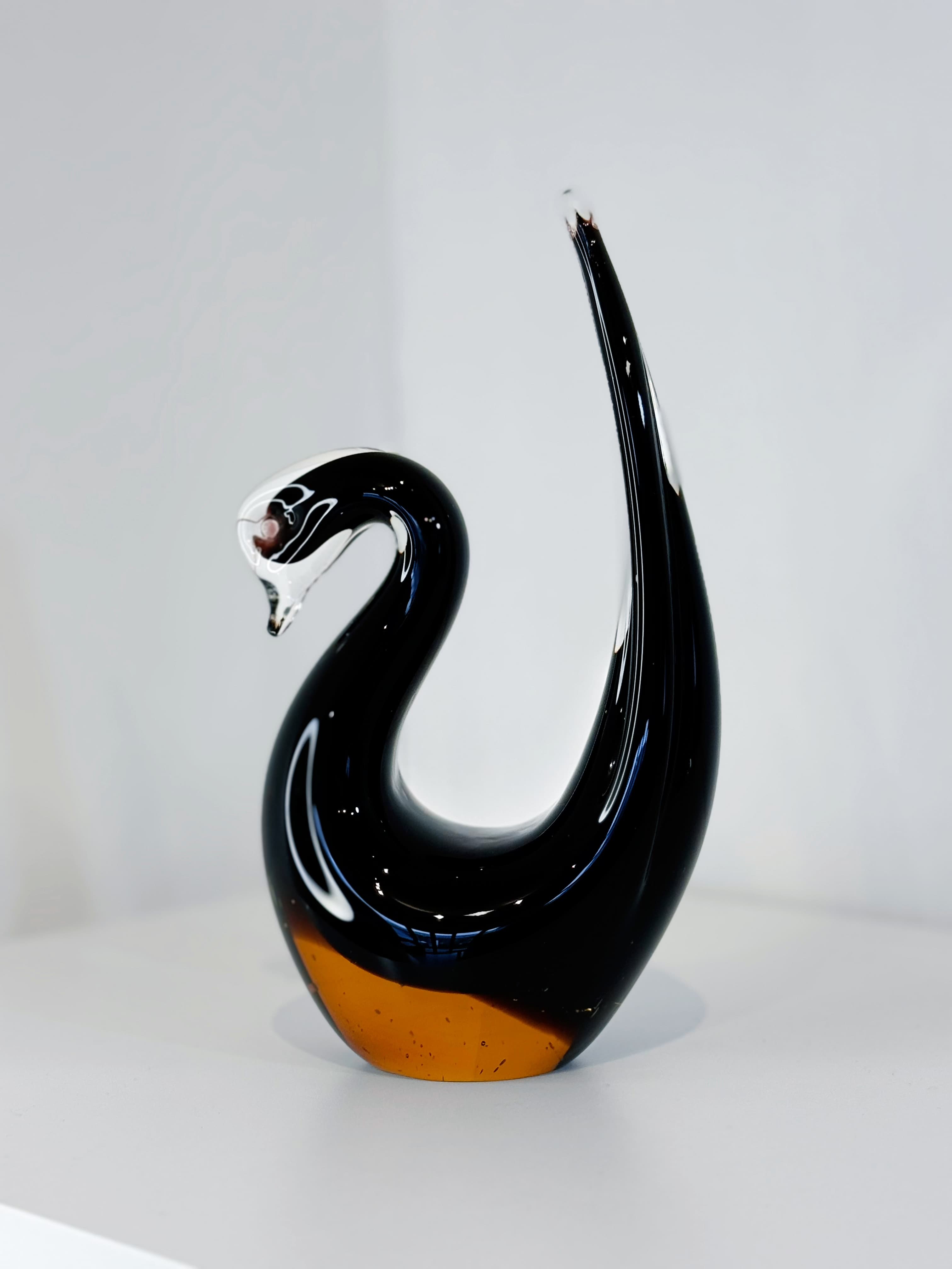 Black & Amber Sommerso Hand-Sculpted Art Glass Swan