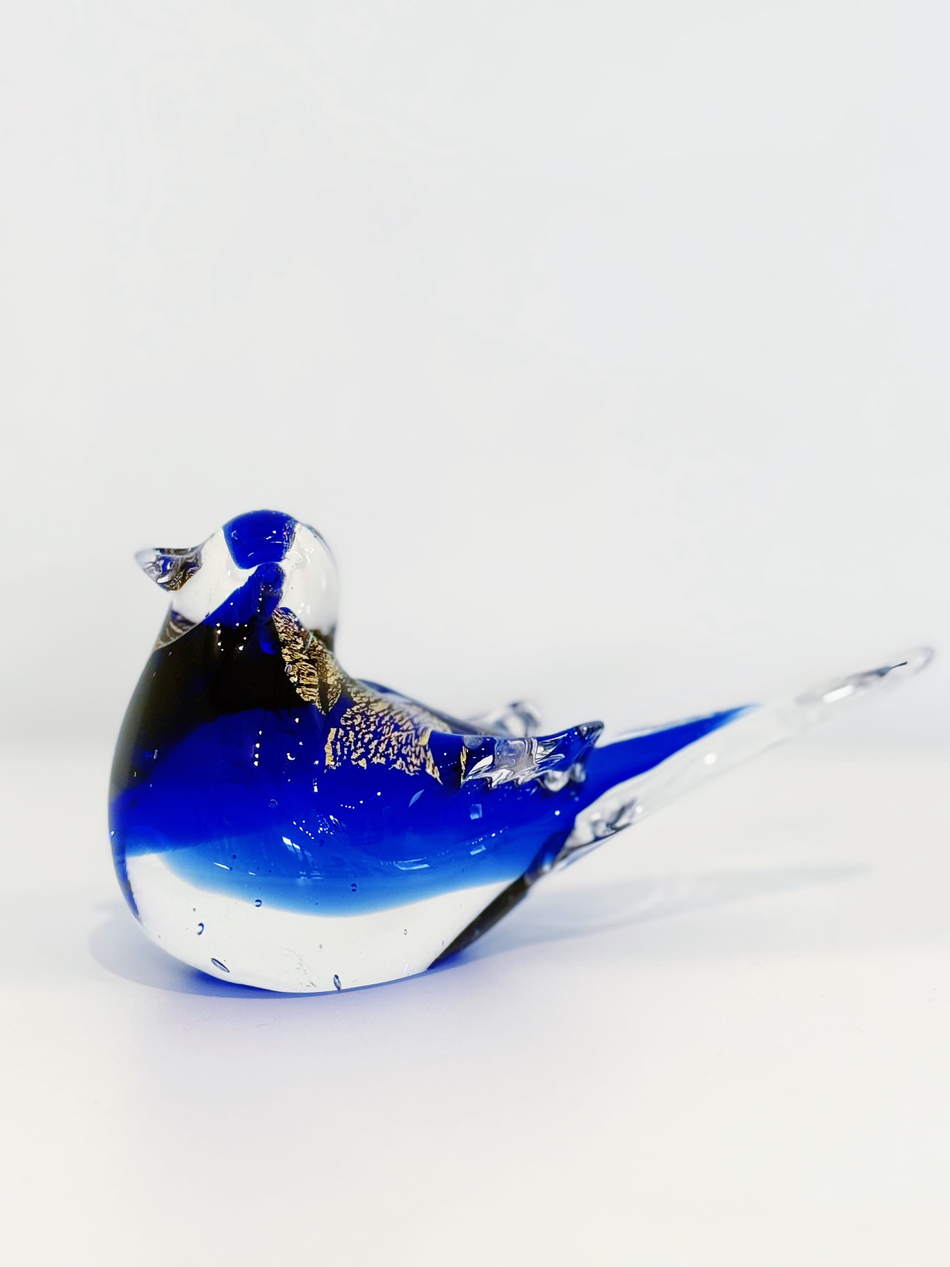 Sapphire Gold Leaf Hand-Sculpted Art Glass Bird