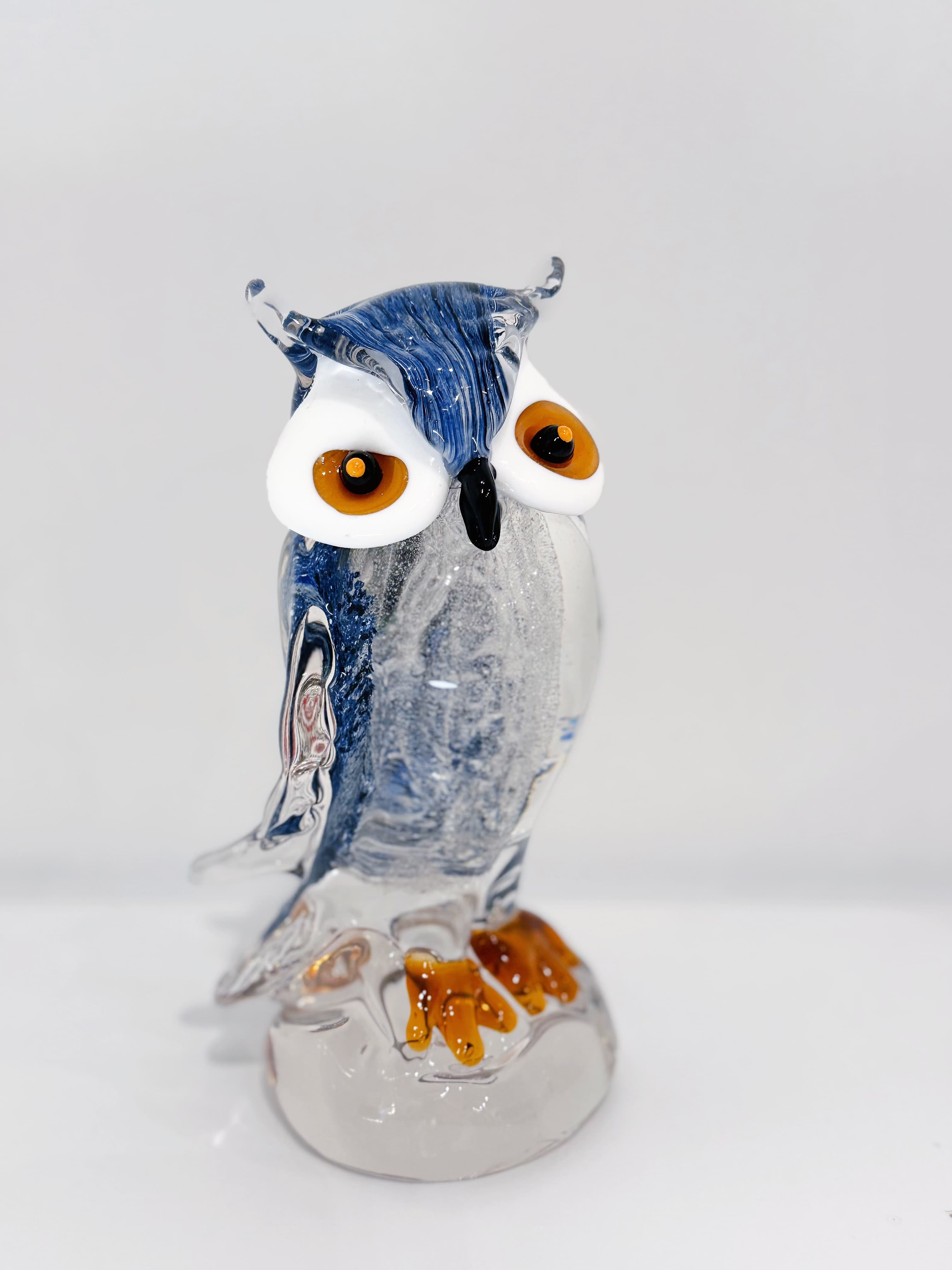 Blue Swirl Silver Foil Hand-Blown Art Glass Owl
