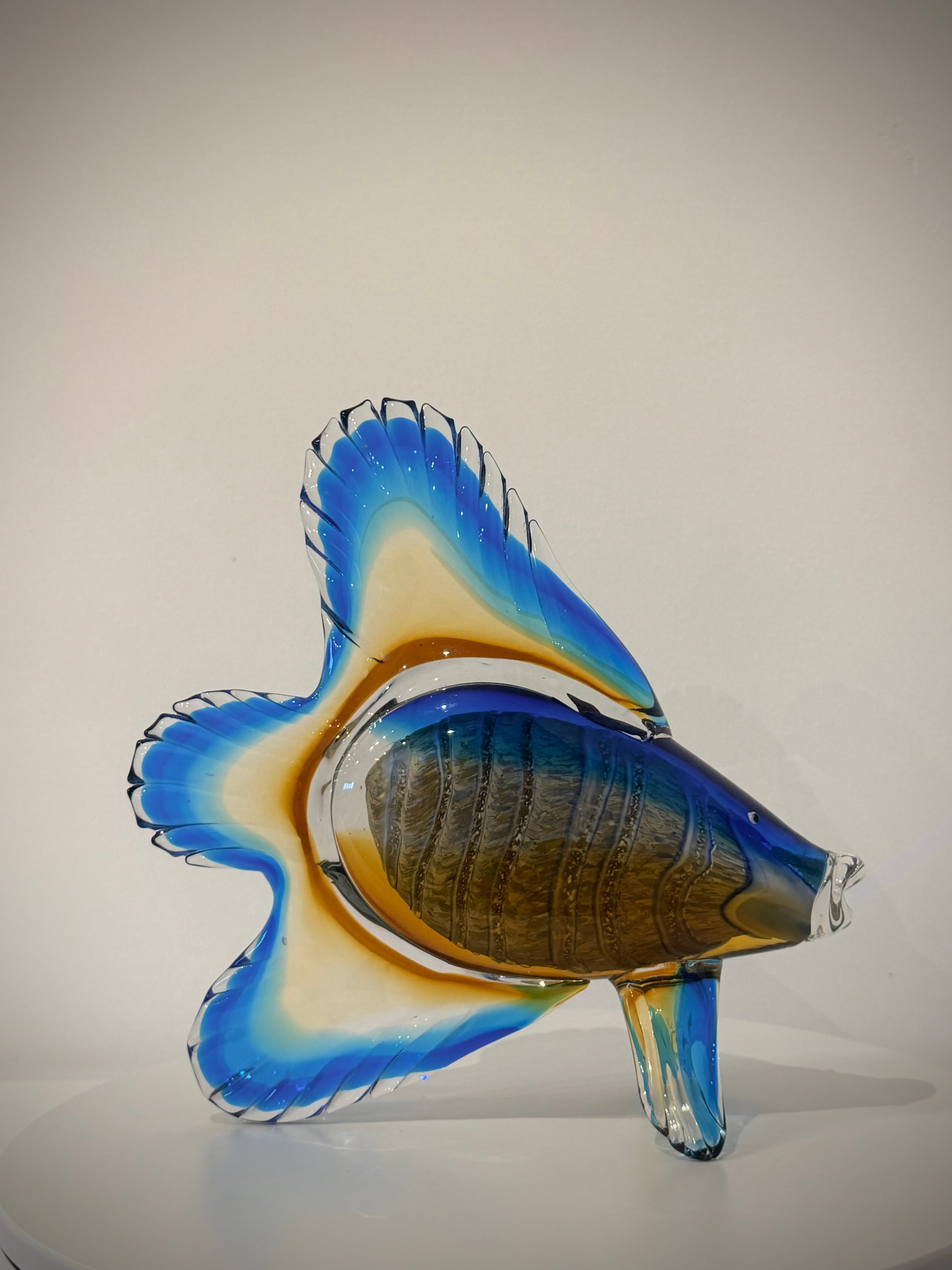 Blue and Amber Flying Fish Hand-Crafted Art Glass Sculpture