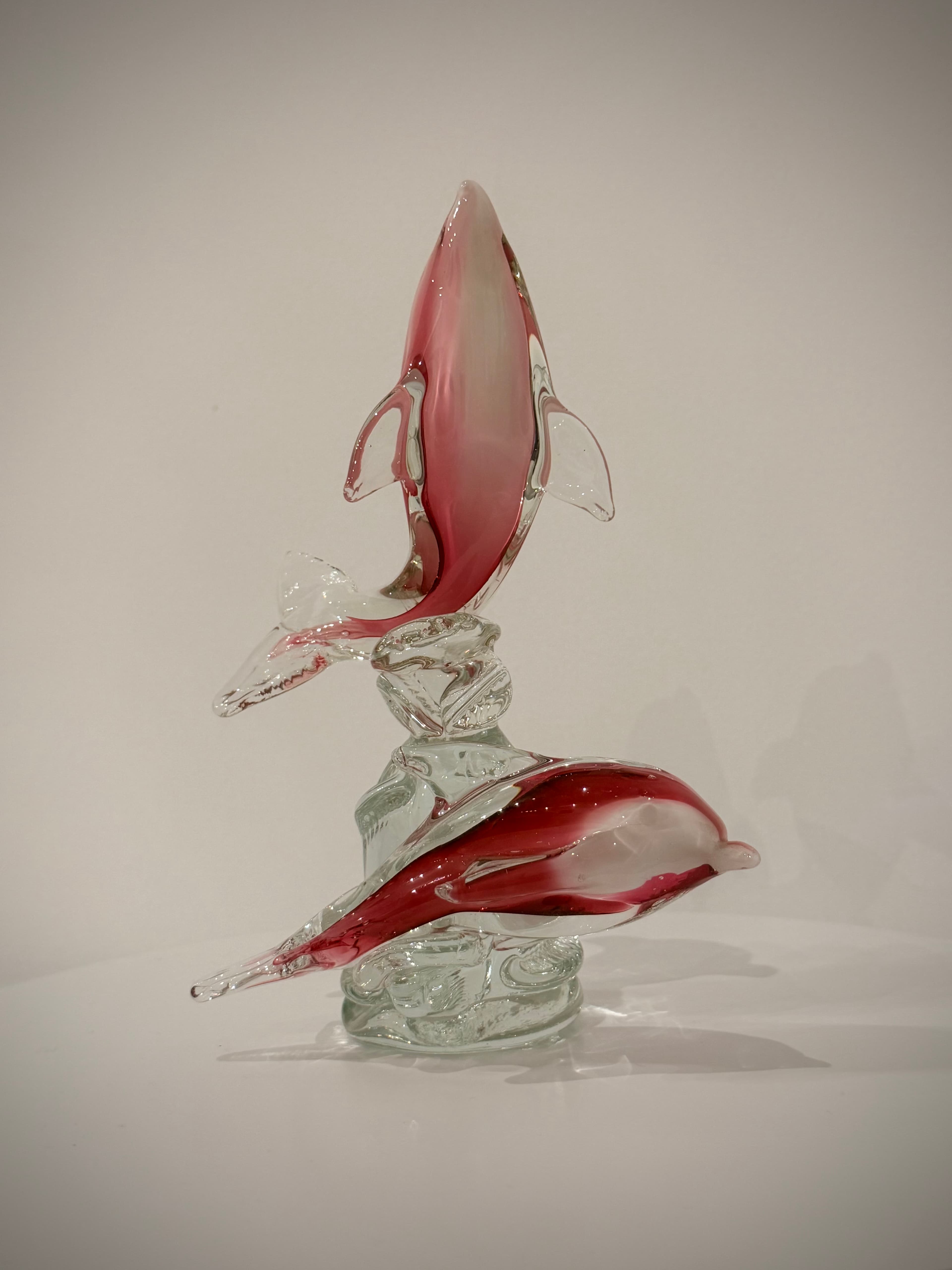 Pink Dolphin Pair Hand-Crafted Art Glass Sculpture