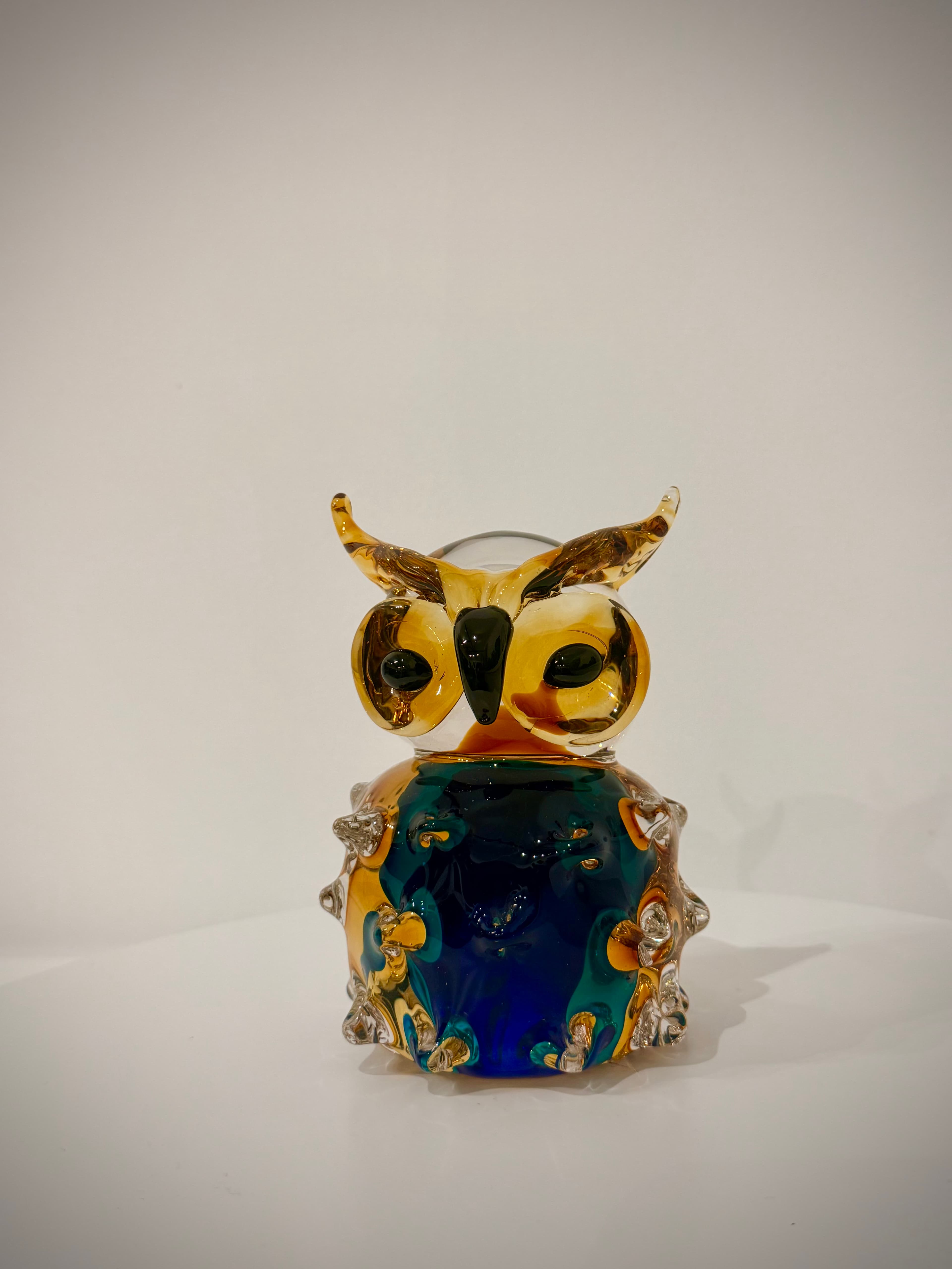 Amber and Cobalt Owl Hand-Crafted Art Glass Sculpture