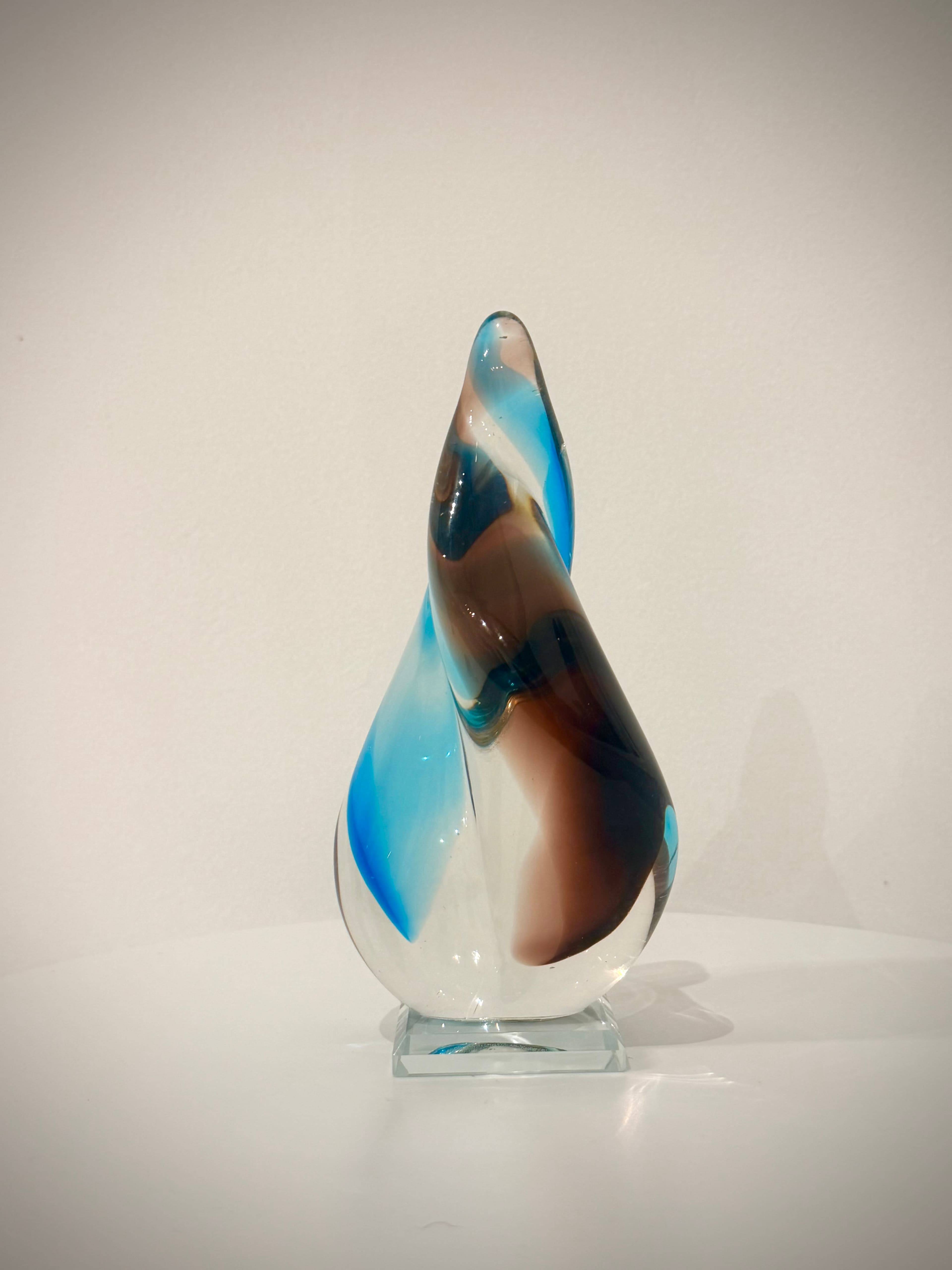 Blue and Amber Flame Hand-Crafted Art Glass Sculpture