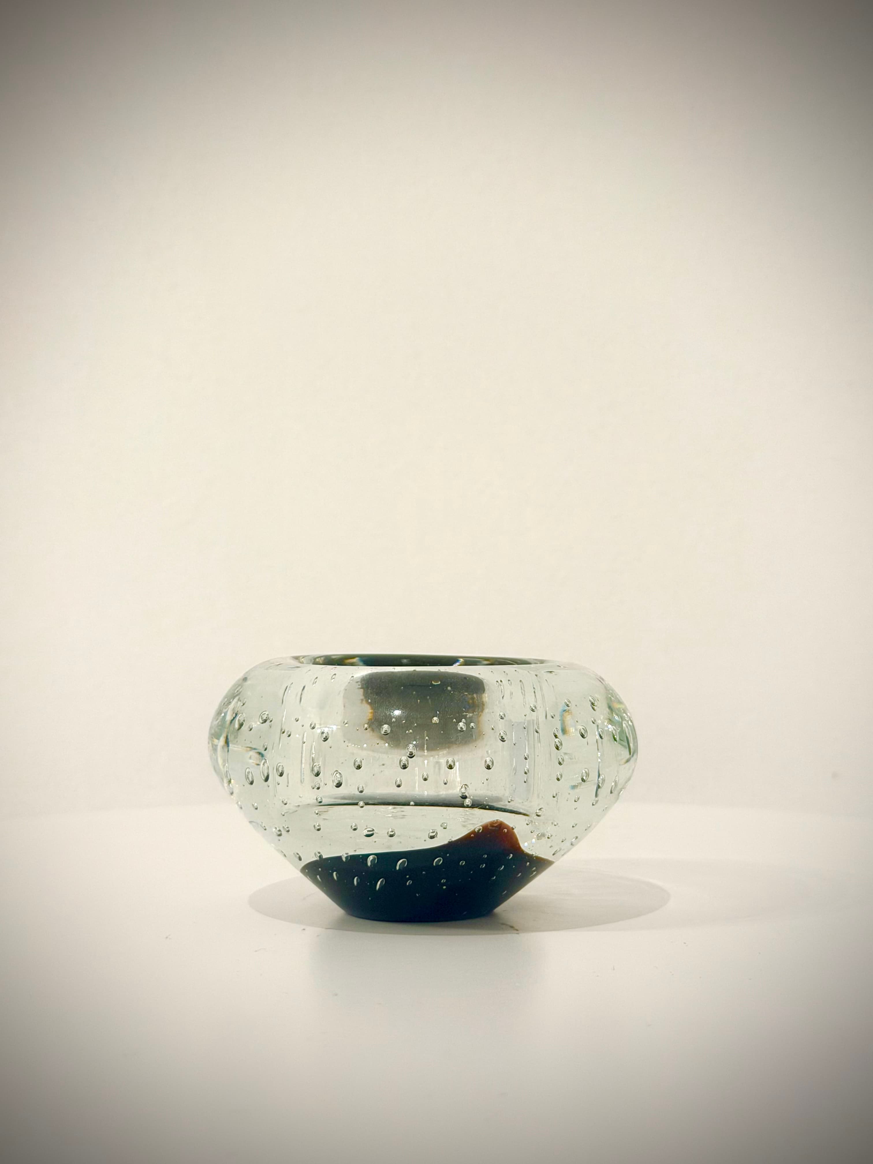 Clear and Deep Blue Bubble Hand-Crafted Art Glass Candle Holder