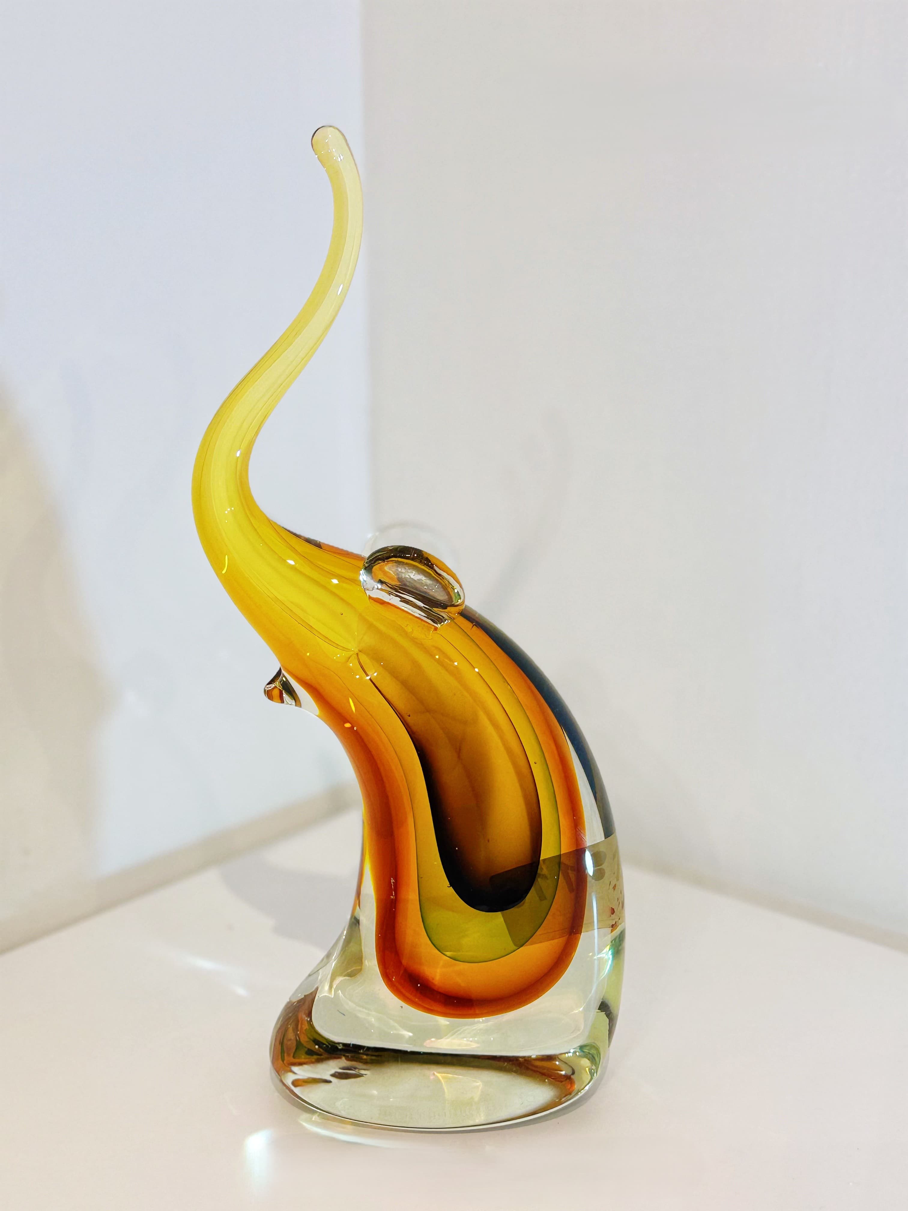 Amber Trunk-Up Elephant Hand-Sculpted Art Glass Figurine