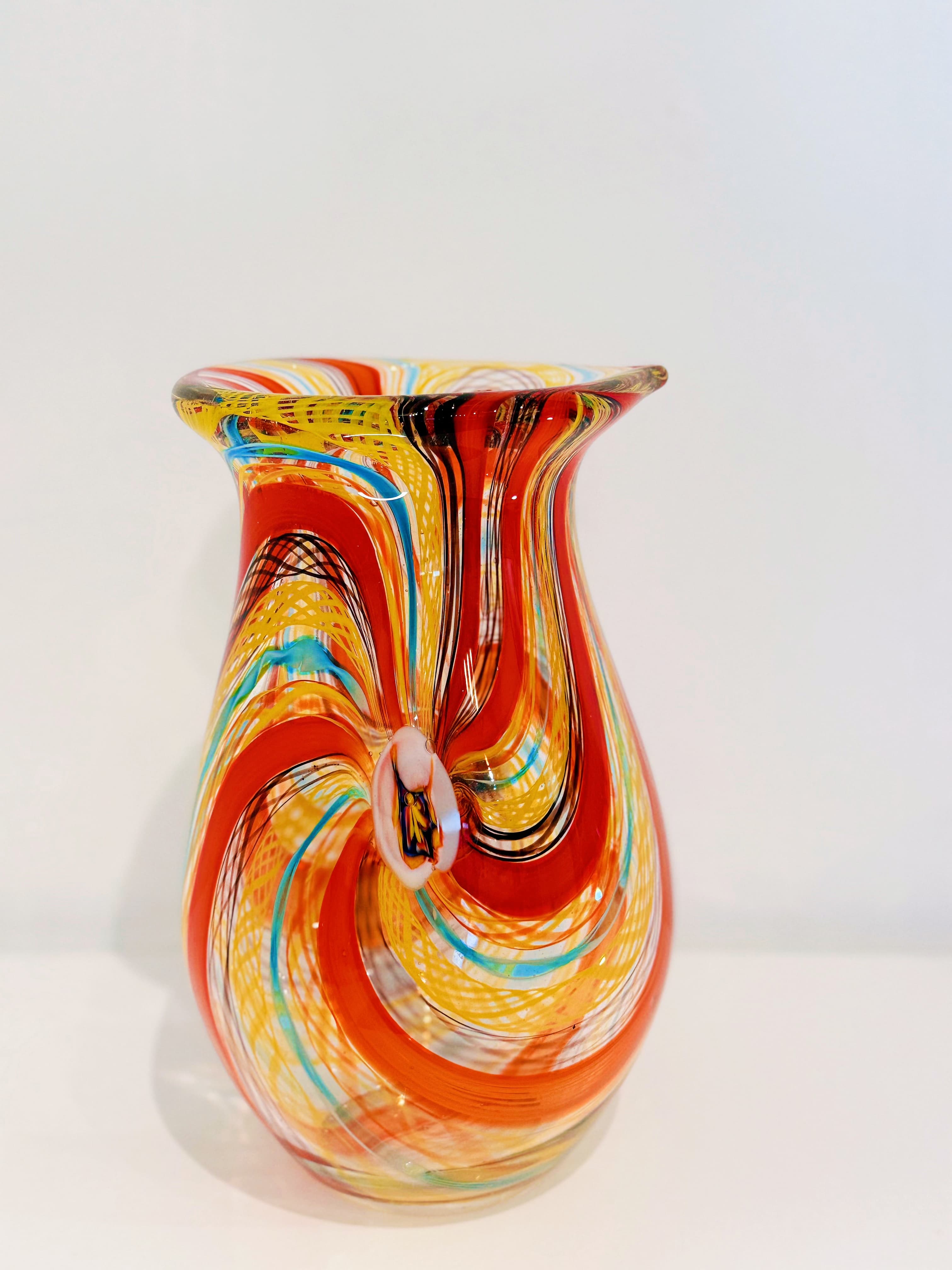 Multicolor Latticino Swirl Hand-Blown Art Glass Vase
