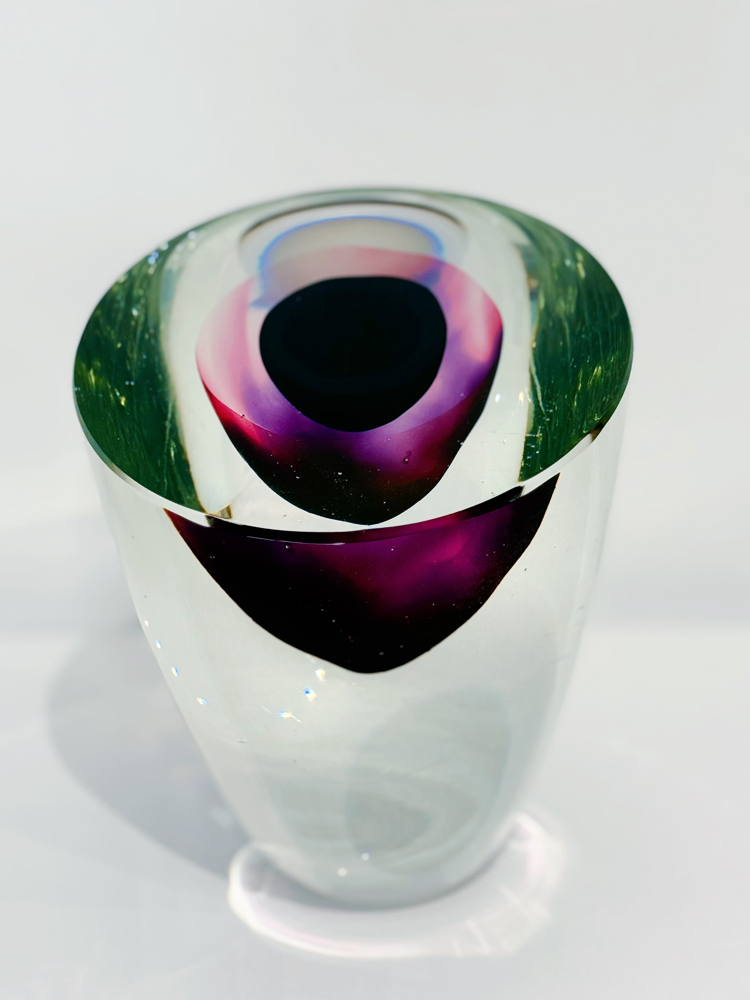 Purple-Green Layered Hand-Crafted Art Glass Eye Sculpture