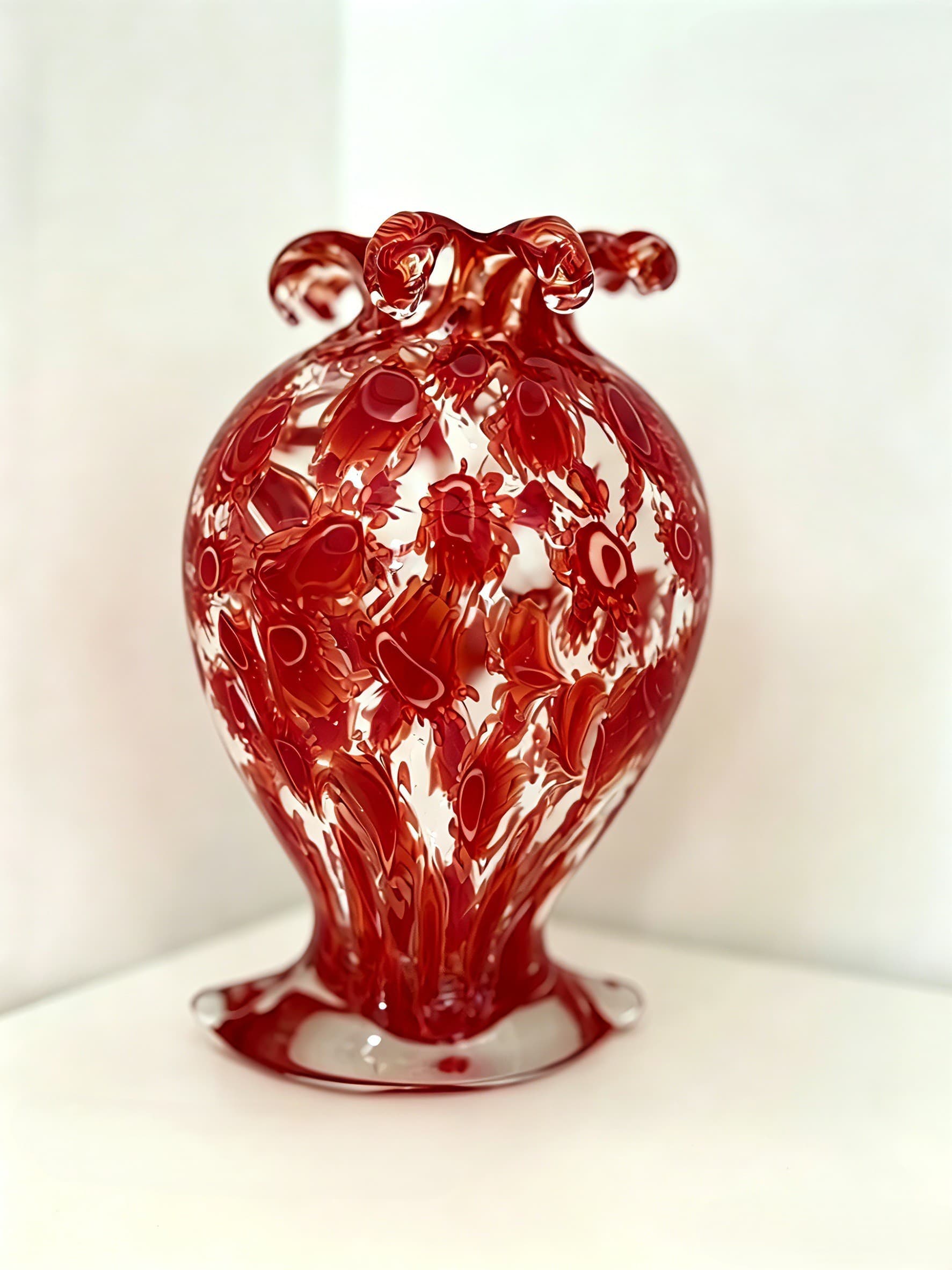 Pomegranate Red Ruffled Rim Hand-Blown Art Glass Vase
