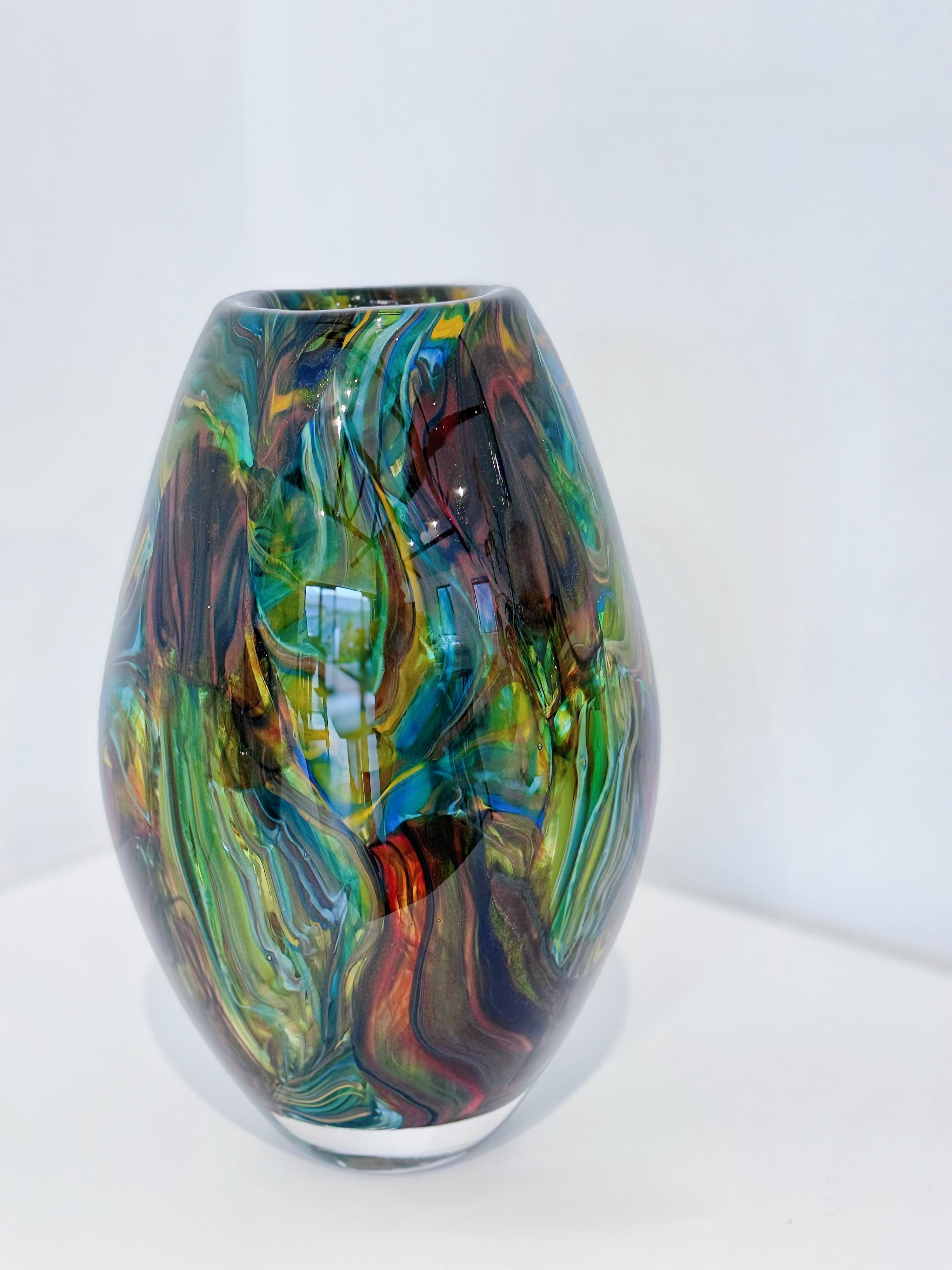 Multicolor Swirl Hand-Blown Art Glass Vase