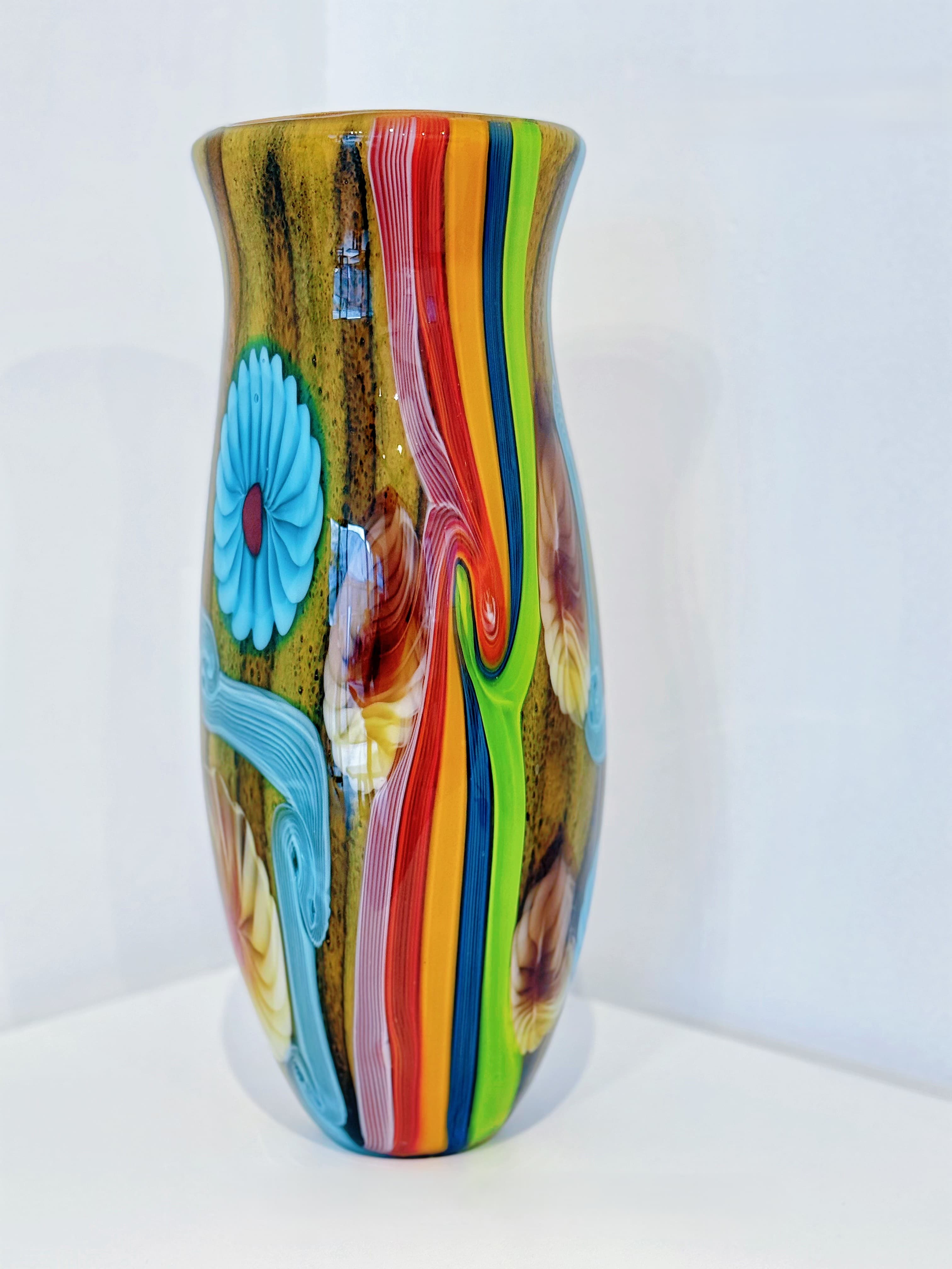 Millefiori Striped Floral Hand-Blown Art Glass Vase
