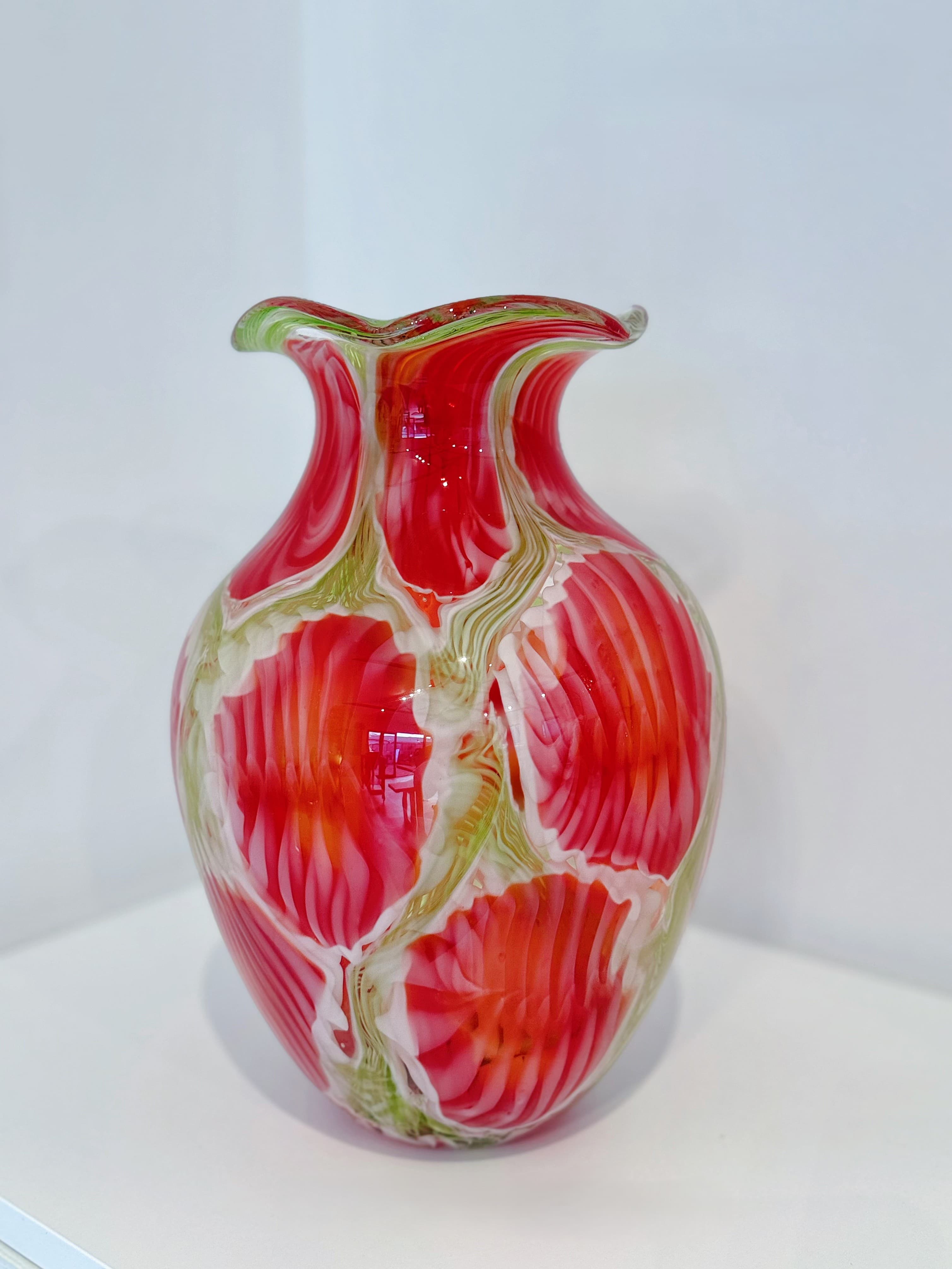 Red Lotus Ruffled Rim Hand-Blown Art Glass Vase