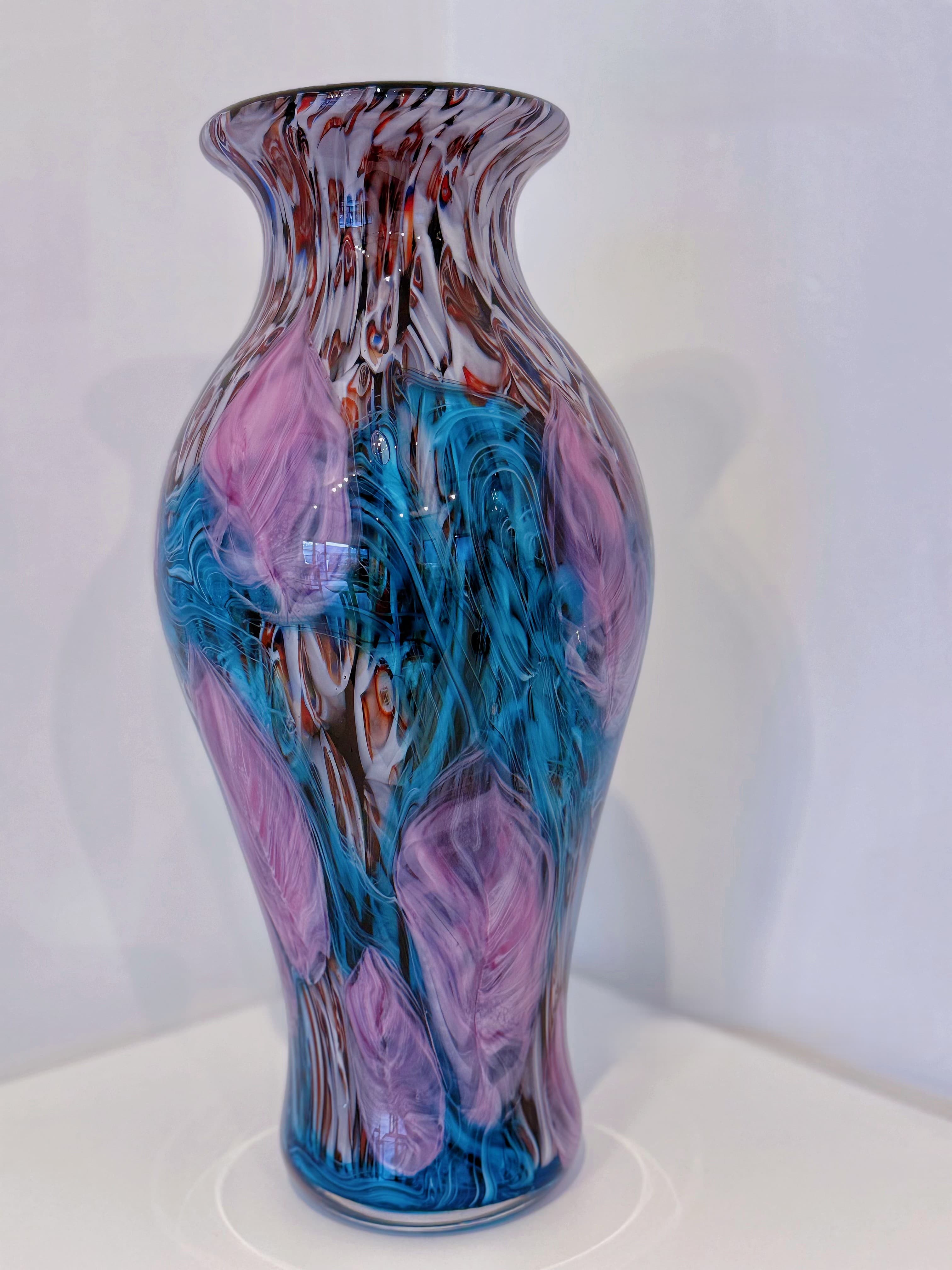 Blue & Purple Feather Pattern Hand-Blown Art Glass Vase