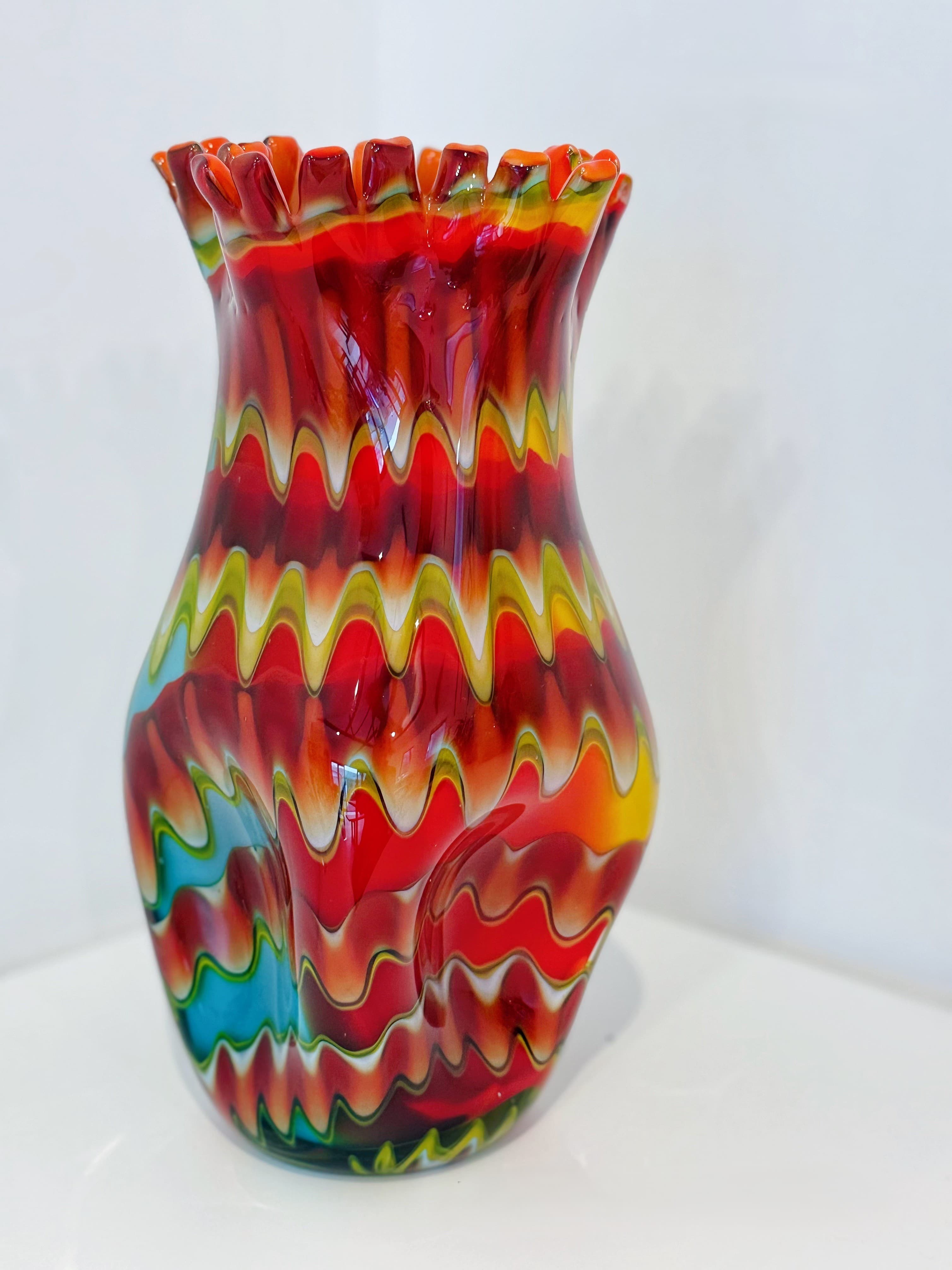 Wavy Striped Ruffled Hand-Blown Art Glass Vase