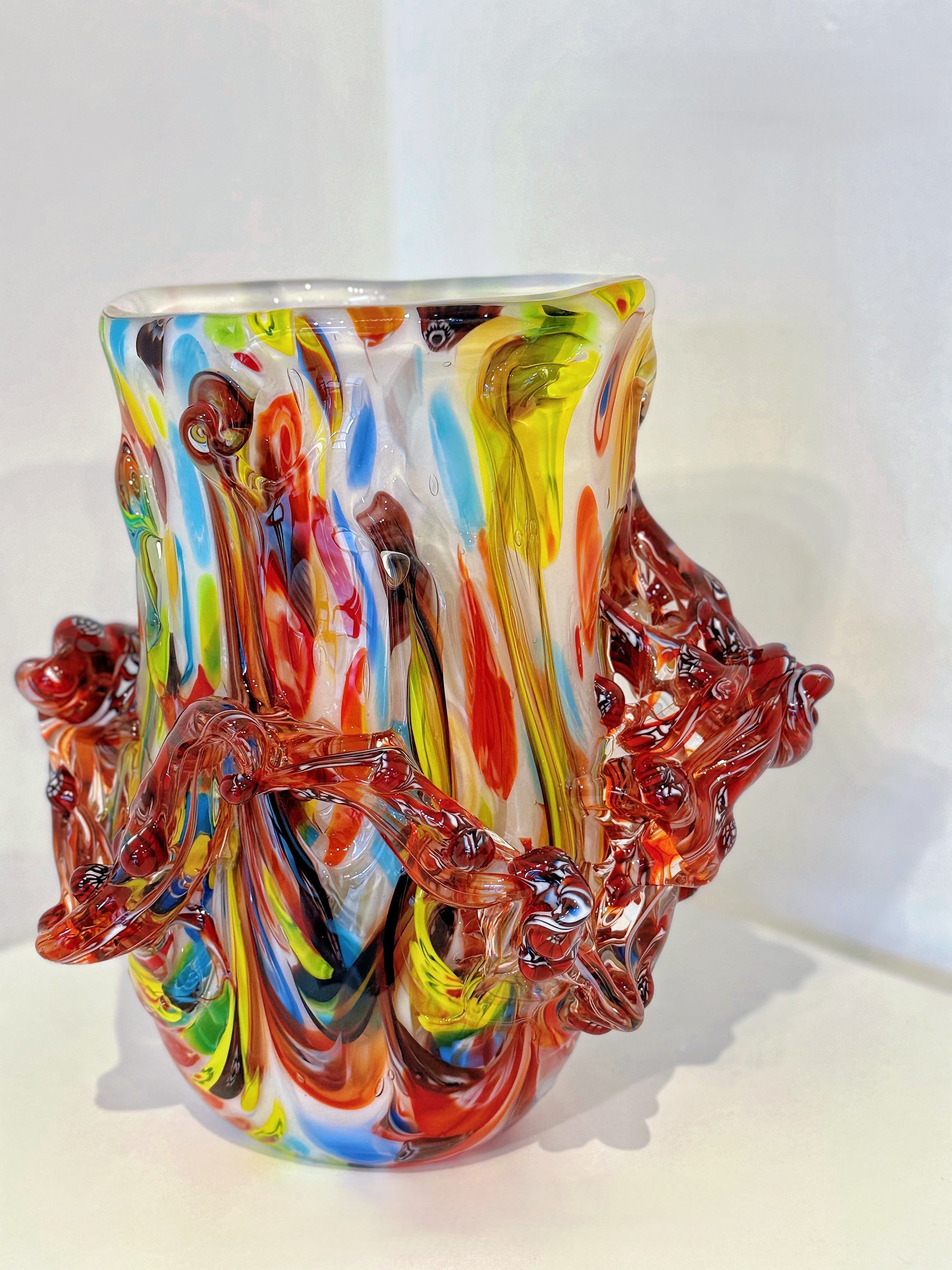 Sculptural Multicolor Swirl Hand-Blown Art Glass Vase