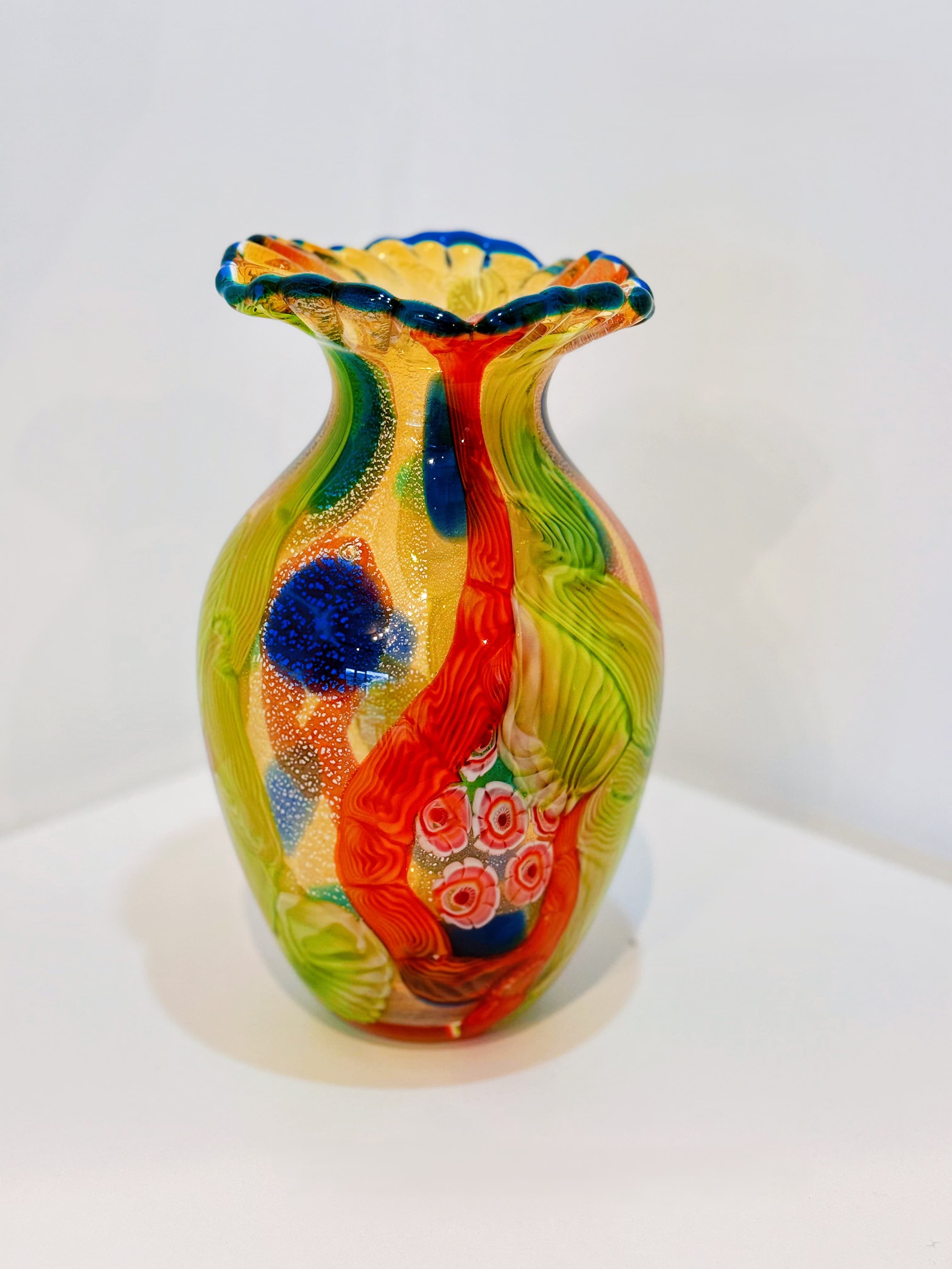 Gold-Base Millefiori Ruffled Hand-Blown Art Glass Vase