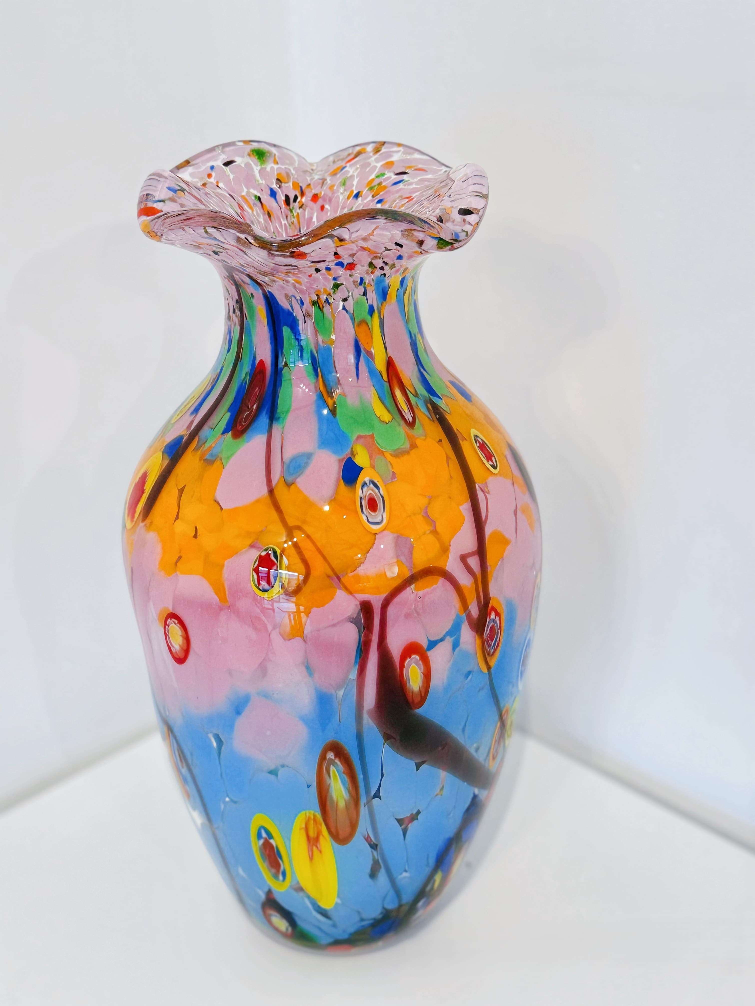 Pink-Blue Gradient Millefiori Hand-Blown Art Glass Vase