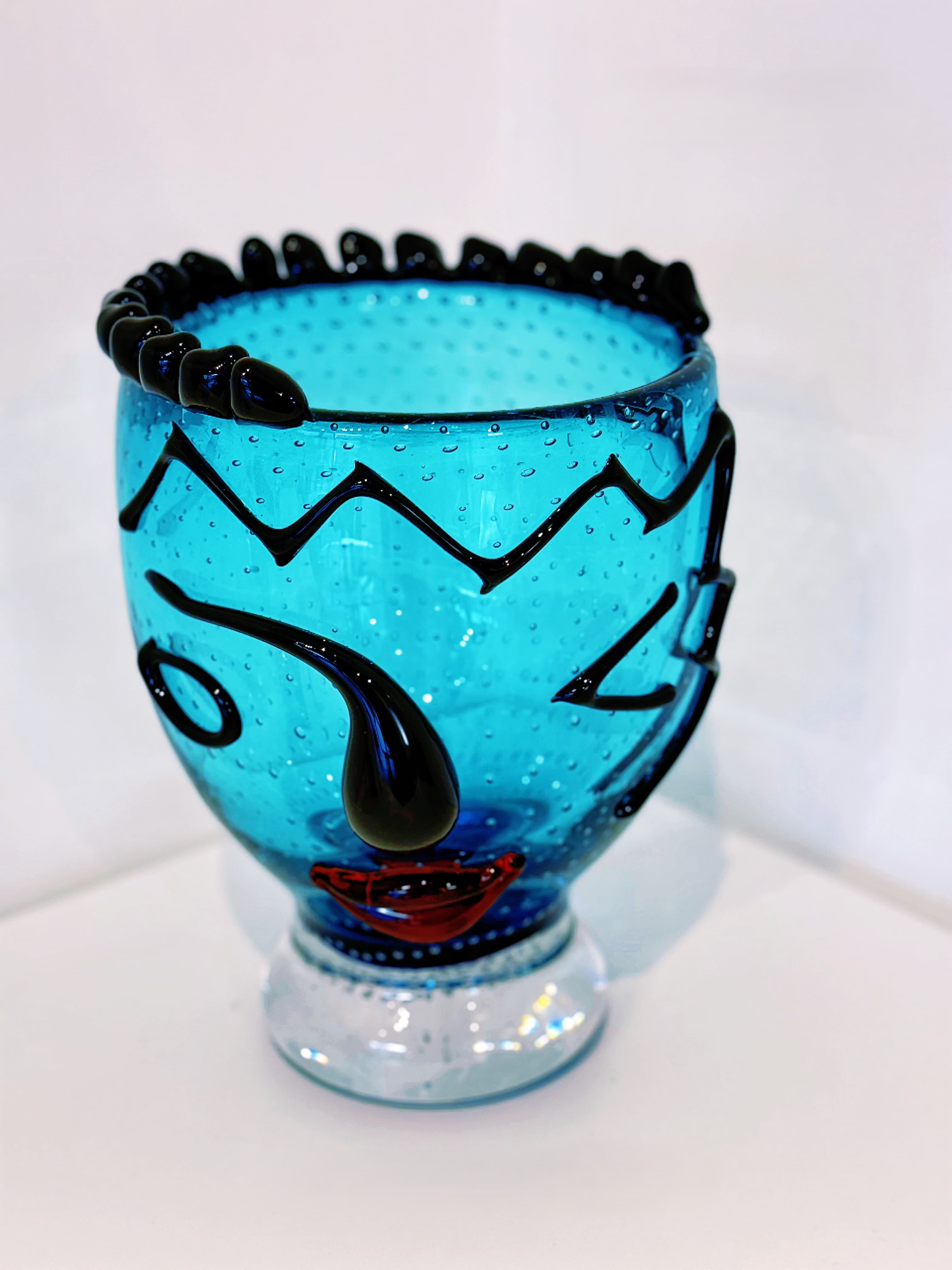 Pop Art Face Bubble Blue Hand-Blown Art Glass Vase