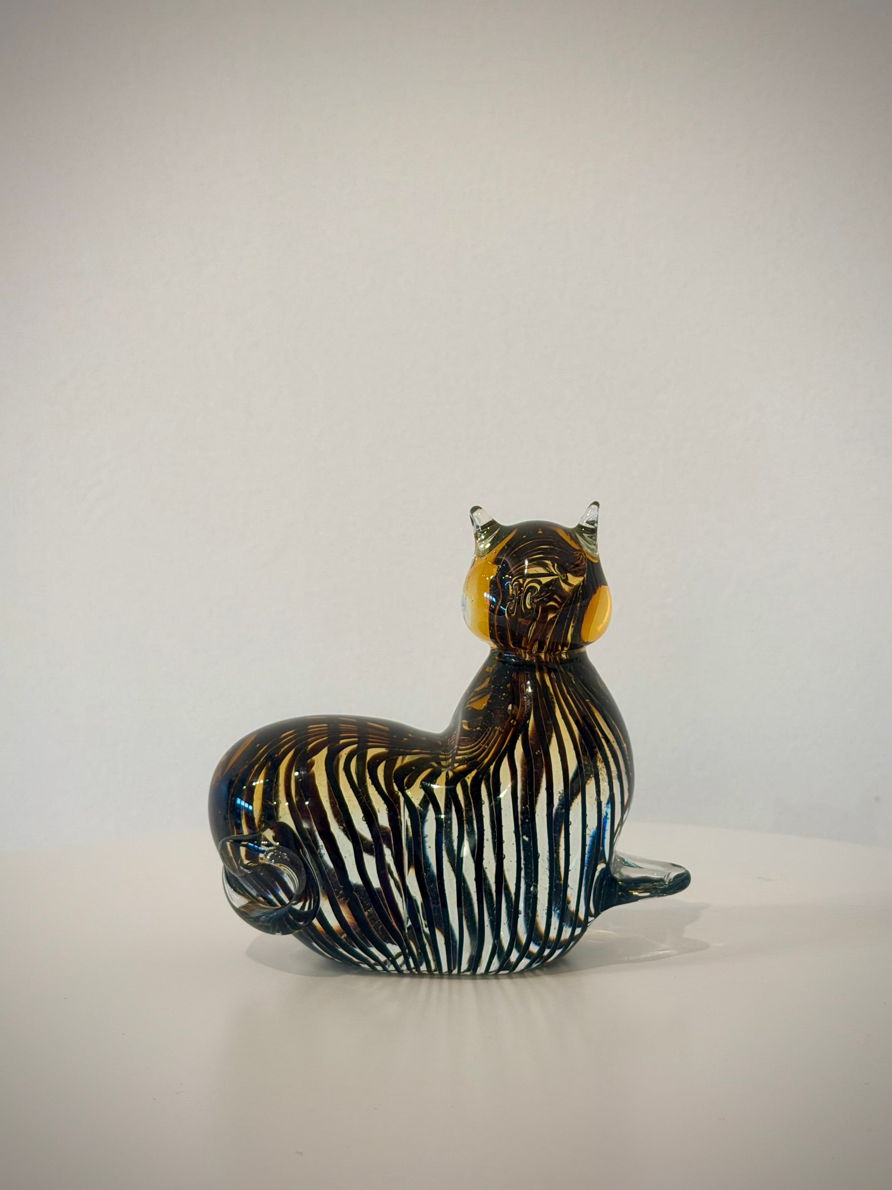 Zebra-Striped Cat Hand-Crafted Art Glass Sculpture